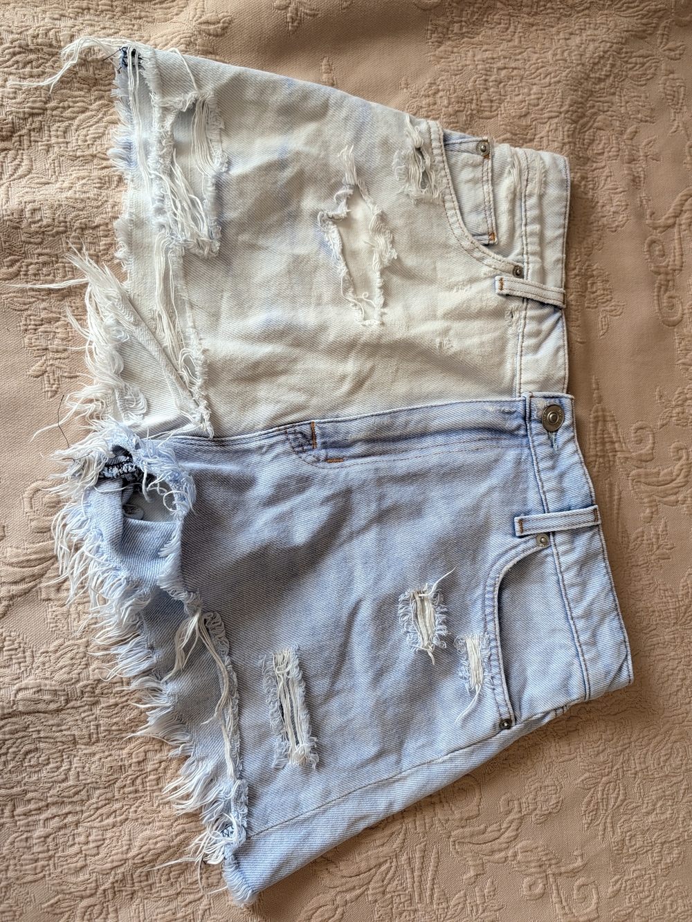 Hudson Jeans Two-Tone Distressed Denim Sade Cutoff Shorts in Light Blue & White